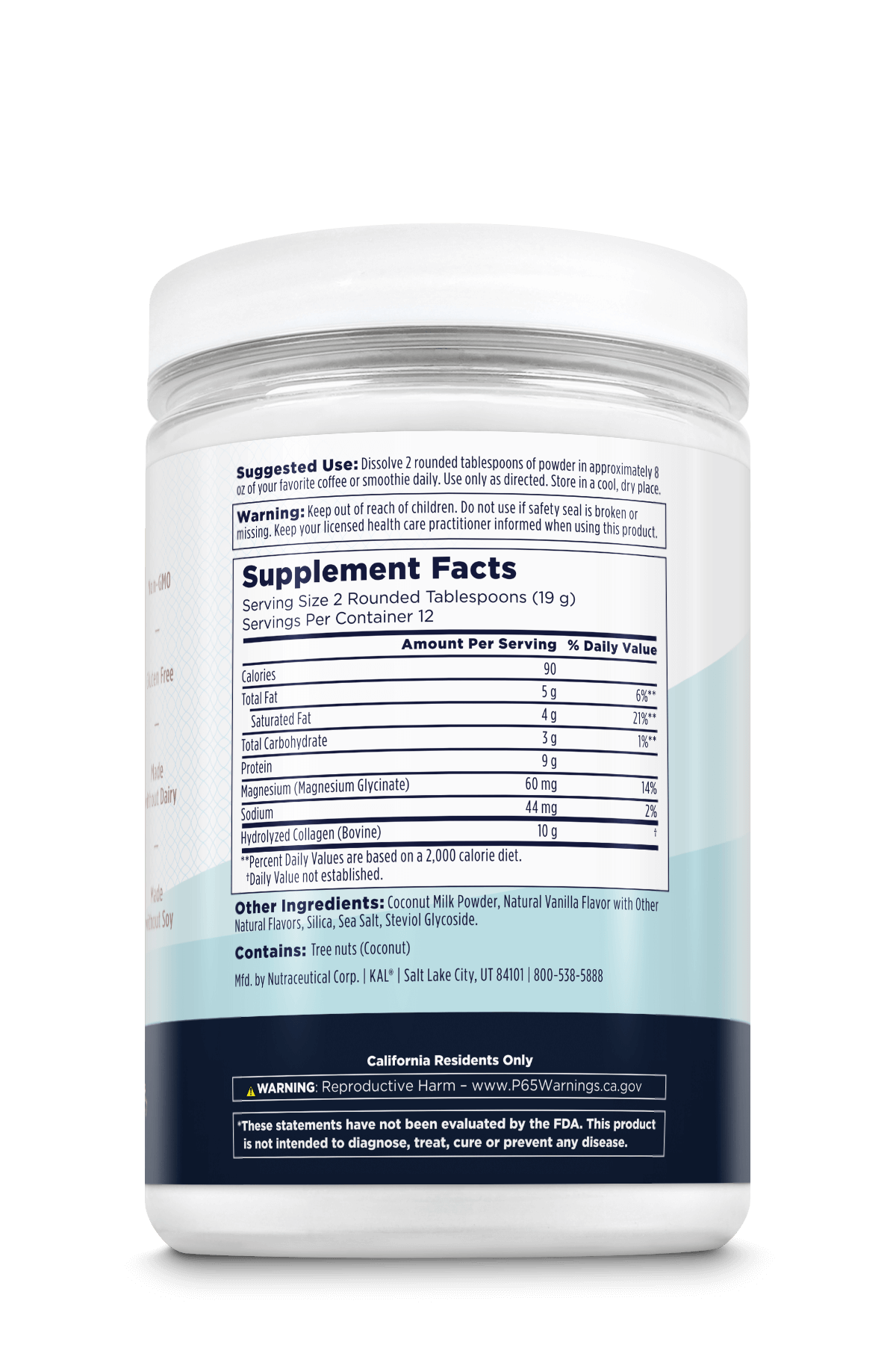 The back label of Kal Vitamins Collagen Creamer - Vanilla shows supplement facts, ingredients, serving size, nutrition info, skin support benefits, usage directions, warnings, and contact details in black and blue on a white and light blue background.