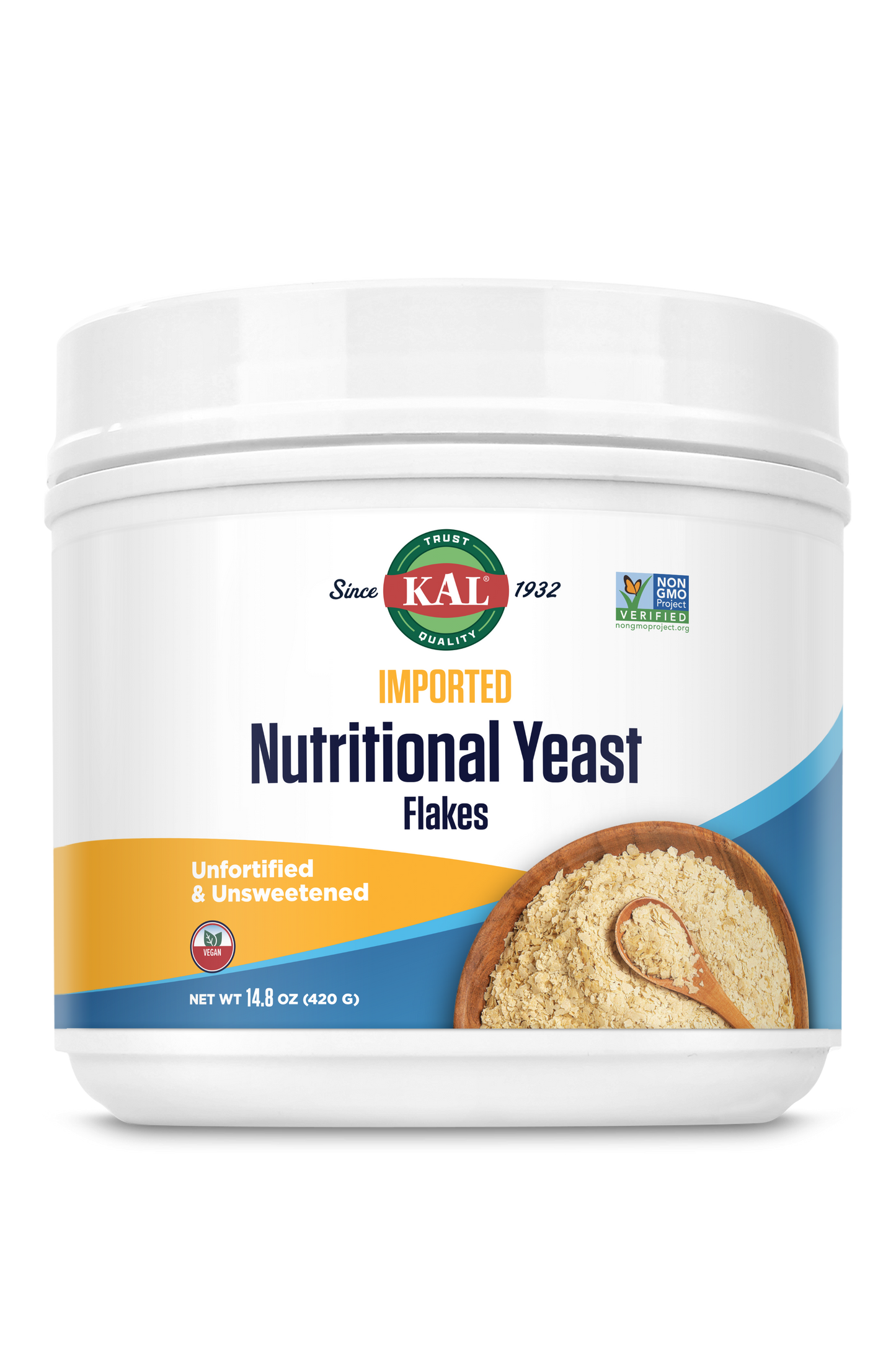A white plastic container of kalvitamins Nutritional Yeast Fine Flakes, 14.8 oz, with a yellow and blue label showing yeast flakes—packed with plant-based protein, featuring “Unfortified & Unsweetened” and “Non-GMO Project Verified” icons.
