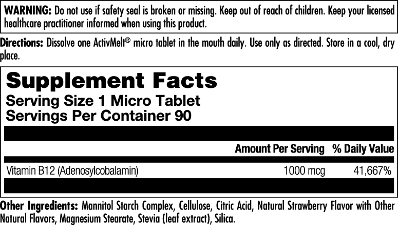 Supplement facts label for kalvitamins B-12 Adenosylcobalamin ActivMelt®. Serving size: 1 micro tablet. Each serving contains 1000 mcg Vitamin B-12 (as Adenosylcobalamin) (41,667% DV). 90 servings per container. Includes warning and directions.