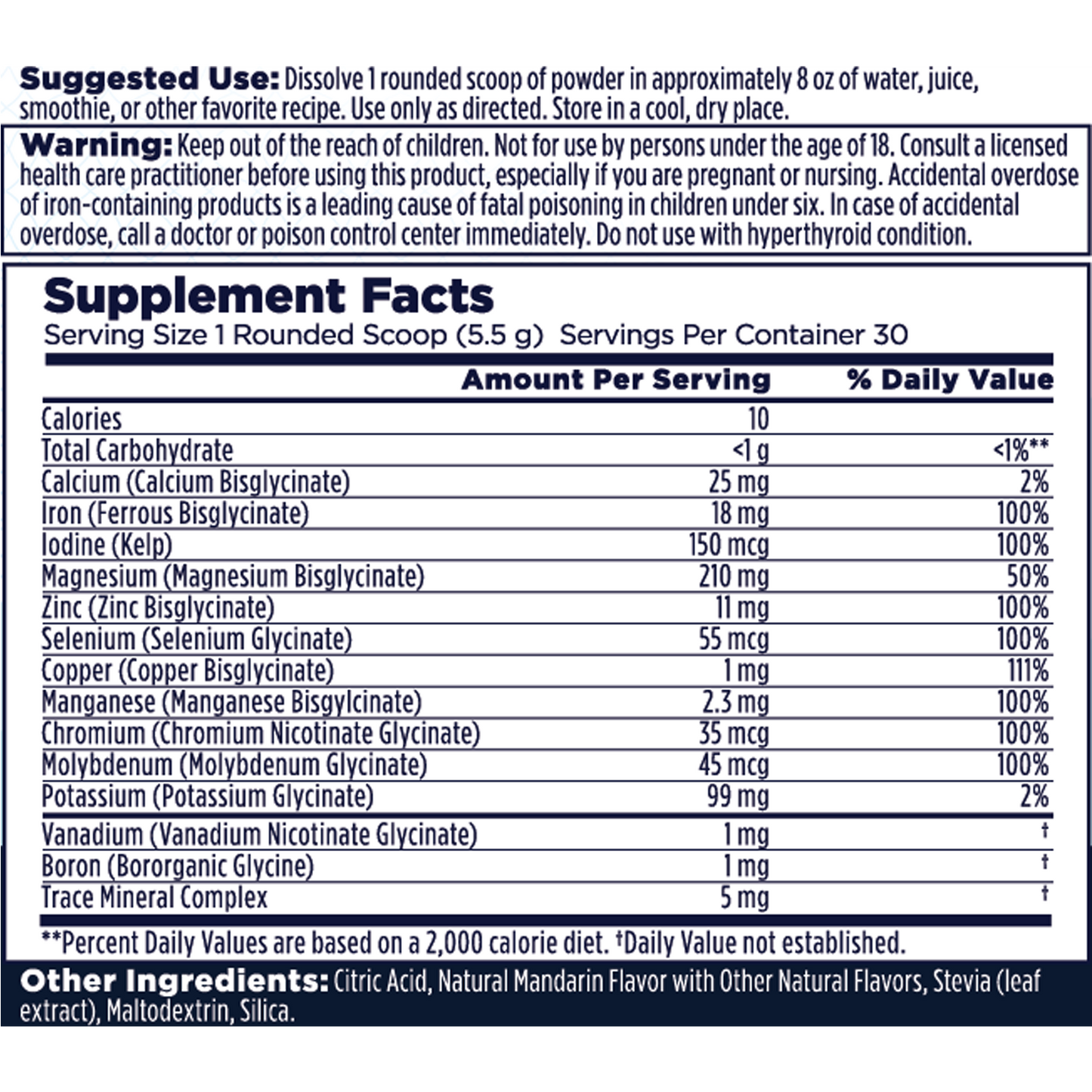 The Total Mineral+ Powder supplement facts label from Kal Vitamins lists ingredients, serving size (1 rounded scoop), 30 servings per container, magnesium amounts and daily values for bone health, suggested use, warnings, and other ingredients.