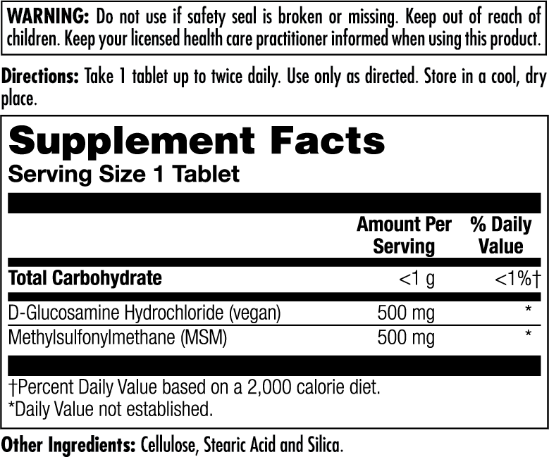 Kalvitamins 100% Vegetarn MSM & Glucosmine Tablets: Each tablet provides 500 mg vegan D-Glucosamine HCl and 500 mg MSM. Contains cellulose, stearic acid, silica. Includes warnings and directions on the supplement facts label.