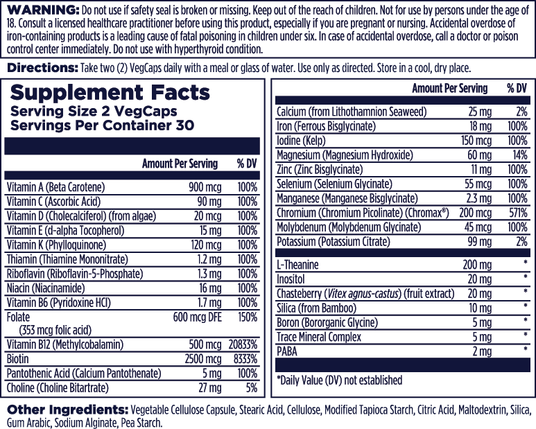 Supplement facts label for Kal Vitamins Women’s 18+ Multivitamin, listing vitamins, minerals, mood and immune support ingredients; serving size 2 VegCaps (30 servings per container); daily values, warnings, and storage info in blue/white format.