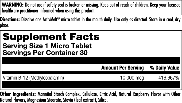 Kalvitamins Ultra B-12 Methylcobalamin 10,000 mcg ActivMelt® Raspberry: Supplement facts label with directions—dissolve one tablet in mouth daily. Supports energy metabolism; 30 servings per container. Other ingredients included.