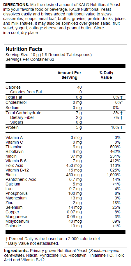 Kalvitamins Nutritional Yeast Flakes label features directions, serving size and number per container, nutrition facts per 16g serving, vitamin B-12 content, and non-GMO ingredients.