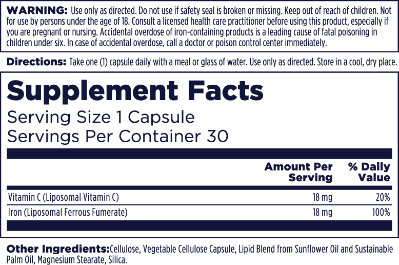 The kalvitamins Liposomal Iron + C supplement label lists warnings, directions to take one capsule daily, and supplement facts: each capsule provides 18mg liposomal vitamin C (20% DV) and 18mg liposomal iron (100% DV) for red blood cell support.