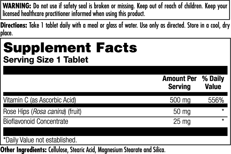 The Supplement Facts label for kalvitamins C 500 + Rose Hips & Bioflavonoids Sustained Release Tablets lists a serving size of 1 tablet with Vitamin C (500 mg), rose hips (50 mg), and bioflavonoids (25 mg). Warnings and ingredients are shown above and below.