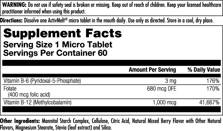 Supplement facts label for kalvitamins B-6 B-12 Folic Acid ActivMelt. Serving size: 1 micro tablet; 60 tablets per container. Vitamin B complex supports energy and nerve function. Includes daily values, ingredients, warnings, and directions.