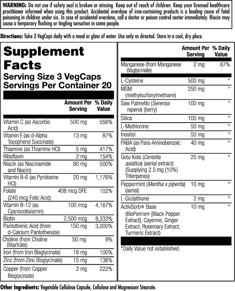 The Hair Force™ Clinical Lifestyles™ VegCaps by kalvitamins features a supplement facts label listing vitamins, minerals, and nutrients like biotin for healthy hair, skin, and nails per 3-capsule serving. Includes directions, warnings, and ingredients in black text on white.