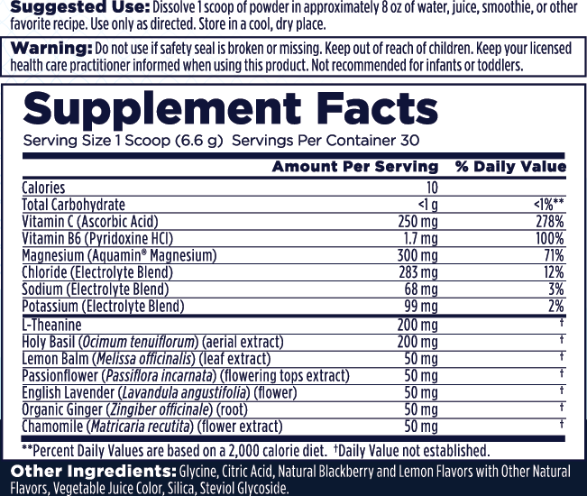 The Mellow Mineral+ Supplement Facts label from Kal Vitamins details serving size, nutrients for relaxation and adrenal health like magnesium, daily values, L-theanine, taurine, herbs, a full ingredient list, usage directions, and warnings.