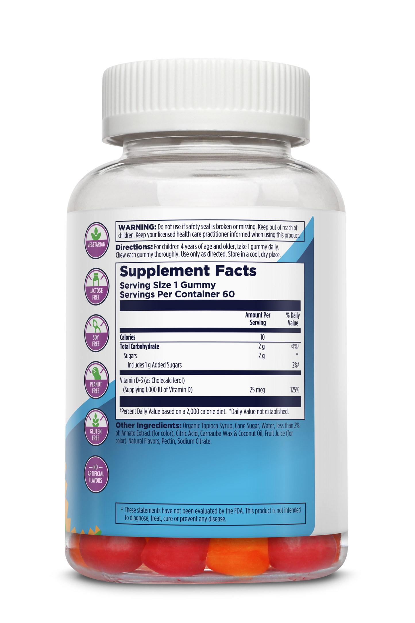 A clear plastic bottle of Nutraceutical Vitamin D-Rex™ Kids Gummy multivitamins with a white lid shows colorful gummies inside. The label displays Supplement Facts, ingredients, directions, and warnings in black and blue text. Contains Vitamin D for immune support.