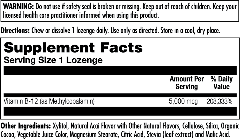 Kalvitamins B-12 Methylcobalamin Lozenges 5000 mcg label shows warnings, directions, supplement facts, and ingredients like xylitol, acai flavor, and stevia.