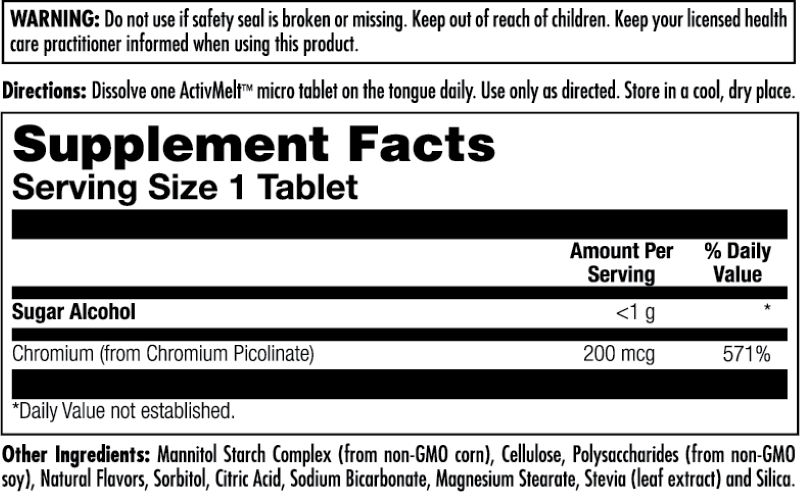 Kalvitamins Chromium Picolinate 200 mcg ActivMelt® Instant Dissolve Tablets provide 200 mcg chromium picolinate (571% DV) per tablet with less than 1g sugar alcohol. Label includes directions, warnings, and ingredients for glucose metabolism support.
