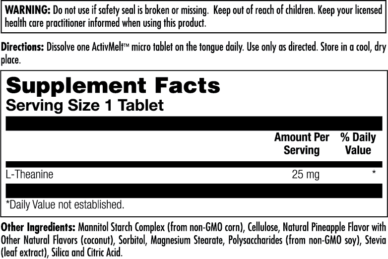 The label for kalvitamins L-Theanine 25 mg ActivMelt® Instant Dissolve Tablets displays warnings, directions, supplement facts (1 tablet: L-Theanine 25 mg), and other ingredients for antioxidant support.