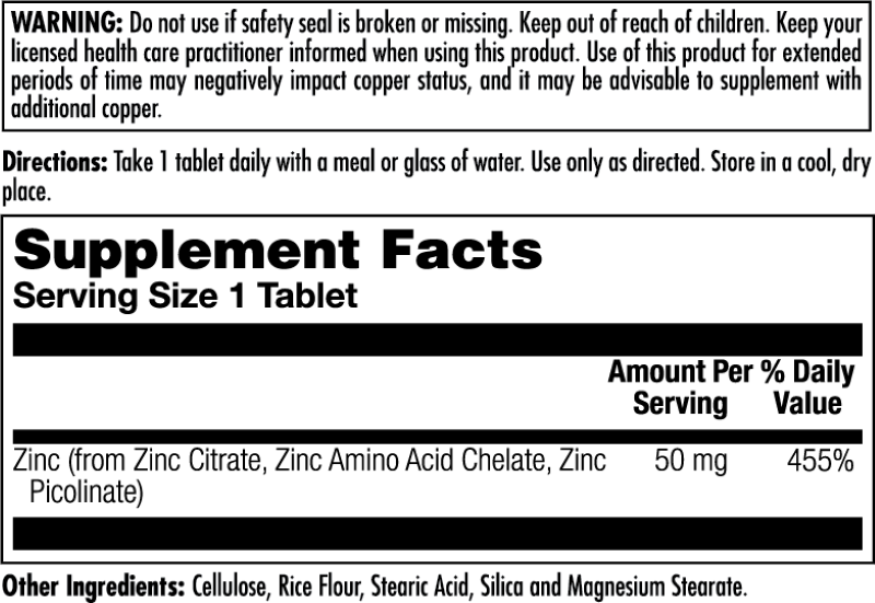 The Tri-Zinc 50™ label from kalvitamins provides warnings, usage directions to take 1 tablet daily, and supplement facts. Each tablet supplies 50 mg zinc (455% DV) from three sources for high bioavailability, plus ingredient details and storage tips.
