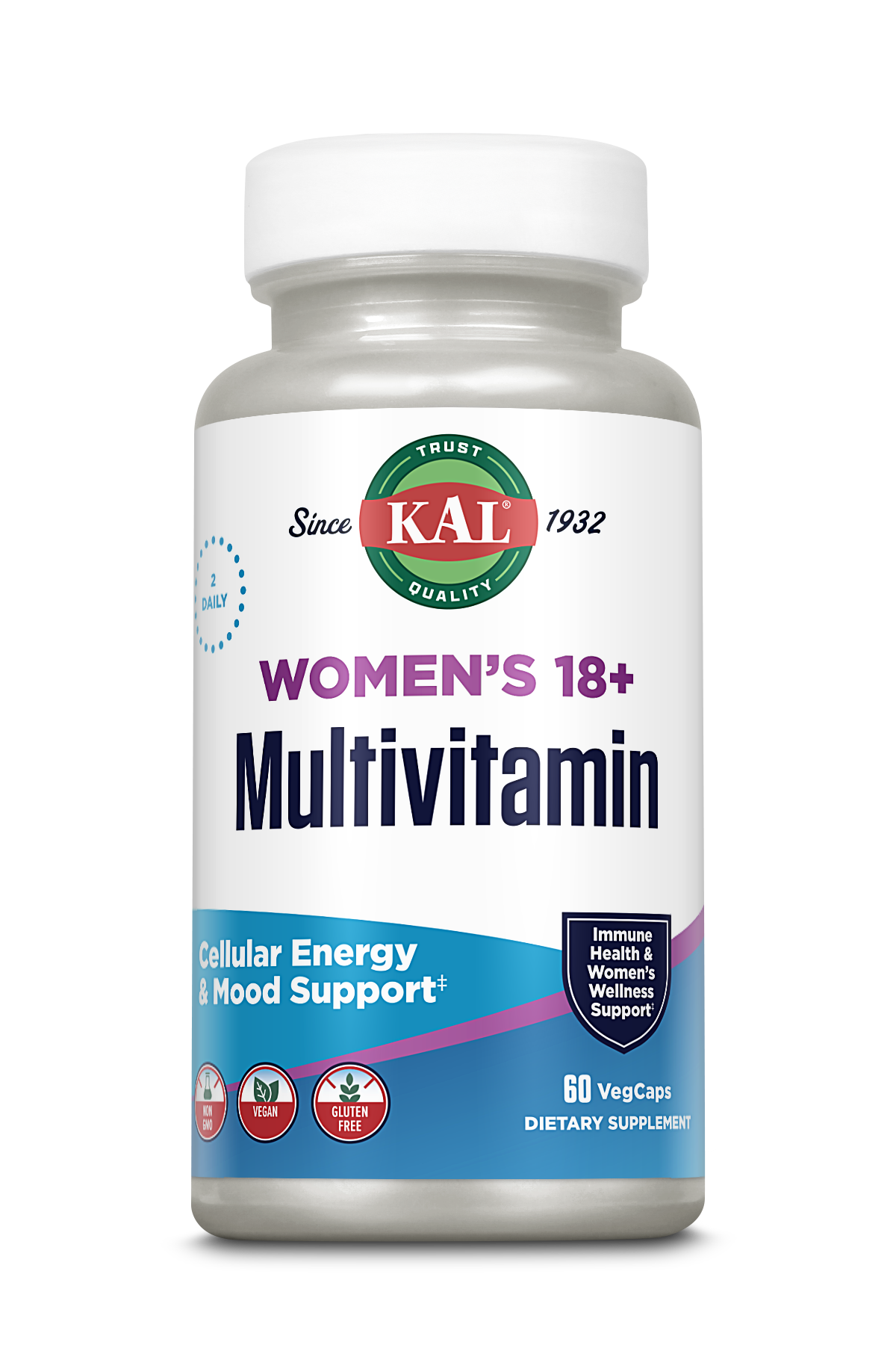 A 60-capsule bottle of Kal Vitamins Women’s 18+ Multivitamin, labeled for daily use, mood and immune support; vegan and gluten-free.