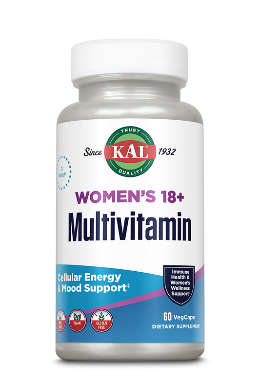 A 60-capsule bottle of Kal Vitamins Women’s 18+ Multivitamin, labeled for daily use, mood and immune support; vegan and gluten-free.