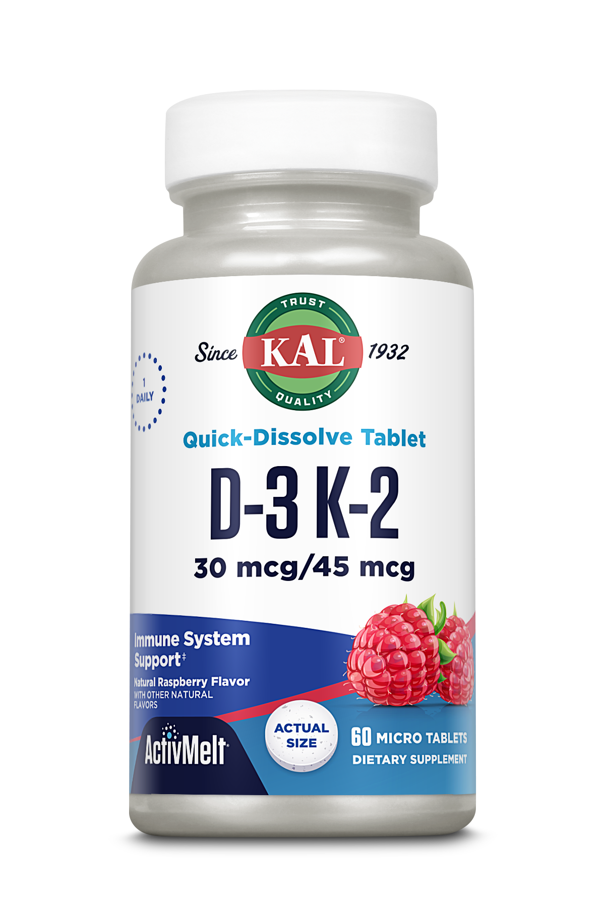 A bottle of kalvitamins D-3 K-2 ActivMelt® Instant Dissolve Tablets Raspberry, with 60 micro tablets, 30 mcg/45 mcg dosage for immune support, raspberry flavor, and raspberries pictured on the label.