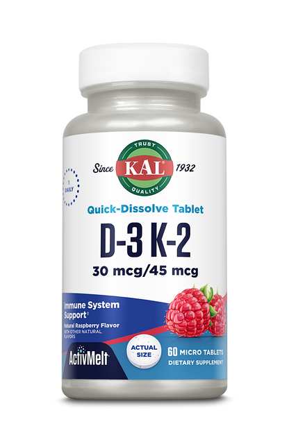 A bottle of kalvitamins D-3 K-2 ActivMelt® Instant Dissolve Tablets Raspberry, with 60 micro tablets, 30 mcg/45 mcg dosage for immune support, raspberry flavor, and raspberries pictured on the label.