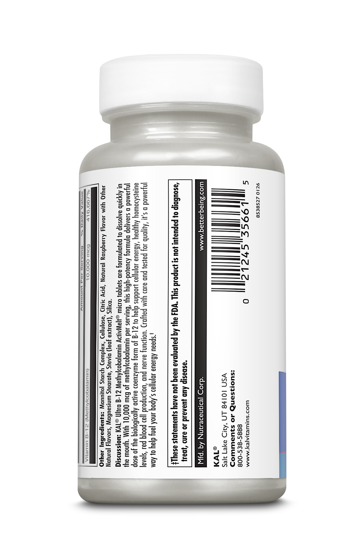 A white plastic bottle with a white cap displays a side label for kalvitamins Ultra B-12 Methylcobalamin 10,000 mcg ActivMelt® Raspberry, listing supplement info, barcode, manufacturer details, and disclaimer in mostly black text on a white background.
