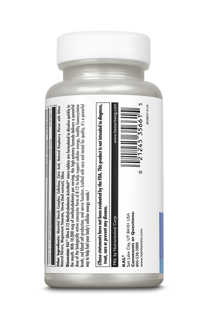 A white plastic bottle with a white cap displays a side label for kalvitamins Ultra B-12 Methylcobalamin 10,000 mcg ActivMelt® Raspberry, listing supplement info, barcode, manufacturer details, and disclaimer in mostly black text on a white background.