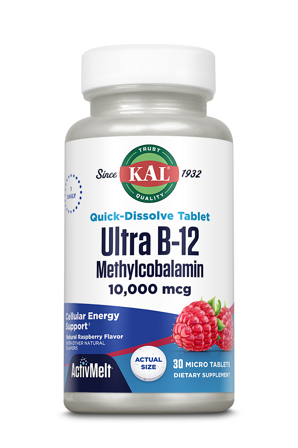 A bottle of kalvitamins Ultra B-12 Methylcobalamin 10,000 mcg ActivMelt® Instant Dissolve Tablets in raspberry flavor, 30-count, supports energy metabolism and features raspberry images on the label.