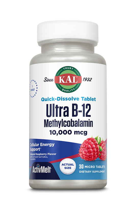 A bottle of kalvitamins Ultra B-12 Methylcobalamin 10,000 mcg ActivMelt® Instant Dissolve Tablets in raspberry flavor, 30-count, supports energy metabolism and features raspberry images on the label.