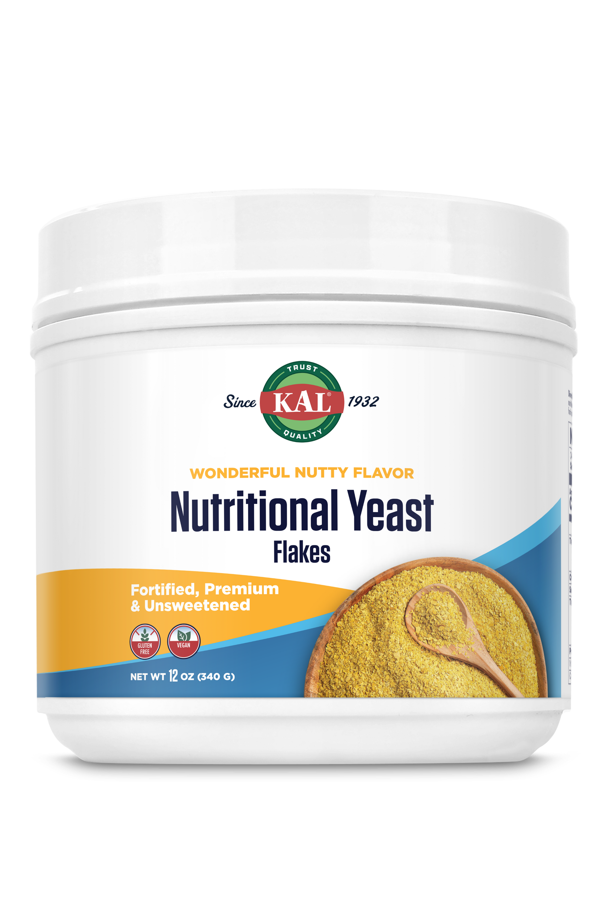 A white kalvitamins Nutritional Yeast Flakes container with a yellow label, showing a bowl and wooden spoon of unsweetened flakes, and text highlighting fortified yeast, premium quality, and a nutty flavor.