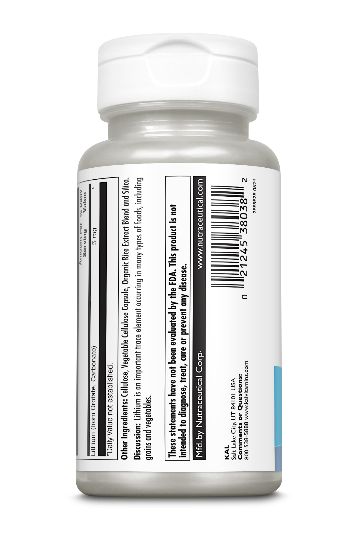 A white plastic bottle with a white cap labeled "Kalvitamins Lithium Orotate 5mg" lists supplement facts, ingredients, a barcode, and website. The label states it's not FDA-approved and is distributed by Nutraceutical Corp for mood support.