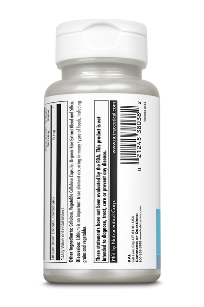 A white plastic bottle with a white cap labeled "Kalvitamins Lithium Orotate 5mg" lists supplement facts, ingredients, a barcode, and website. The label states it's not FDA-approved and is distributed by Nutraceutical Corp for mood support.