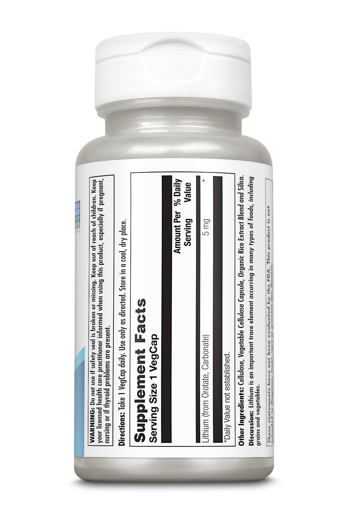 A white plastic bottle of Kalvitamins Lithium Orotate 5mg shows a label with Supplement Facts, Serving Size: 1 VegCap, and directions. Each capsule provides 5 mg lithium orotate, known for mood support, plus ingredient information.