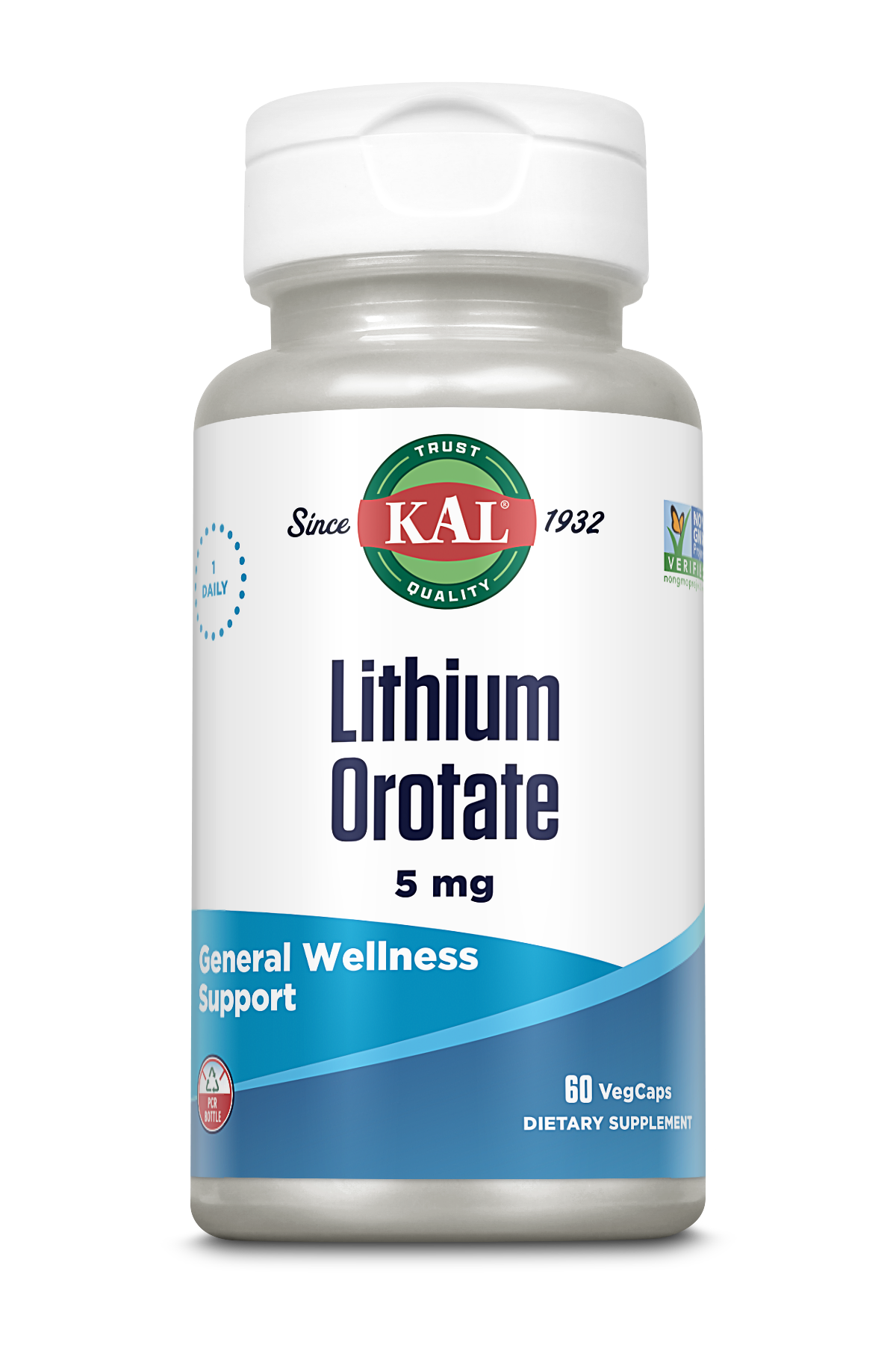A white bottle of Kalvitamins Lithium Orotate 5mg features a green and red logo, blue accents, and the text "General Wellness & Mood Support." It contains 60 vegetarian capsules and is labeled as a dietary supplement.