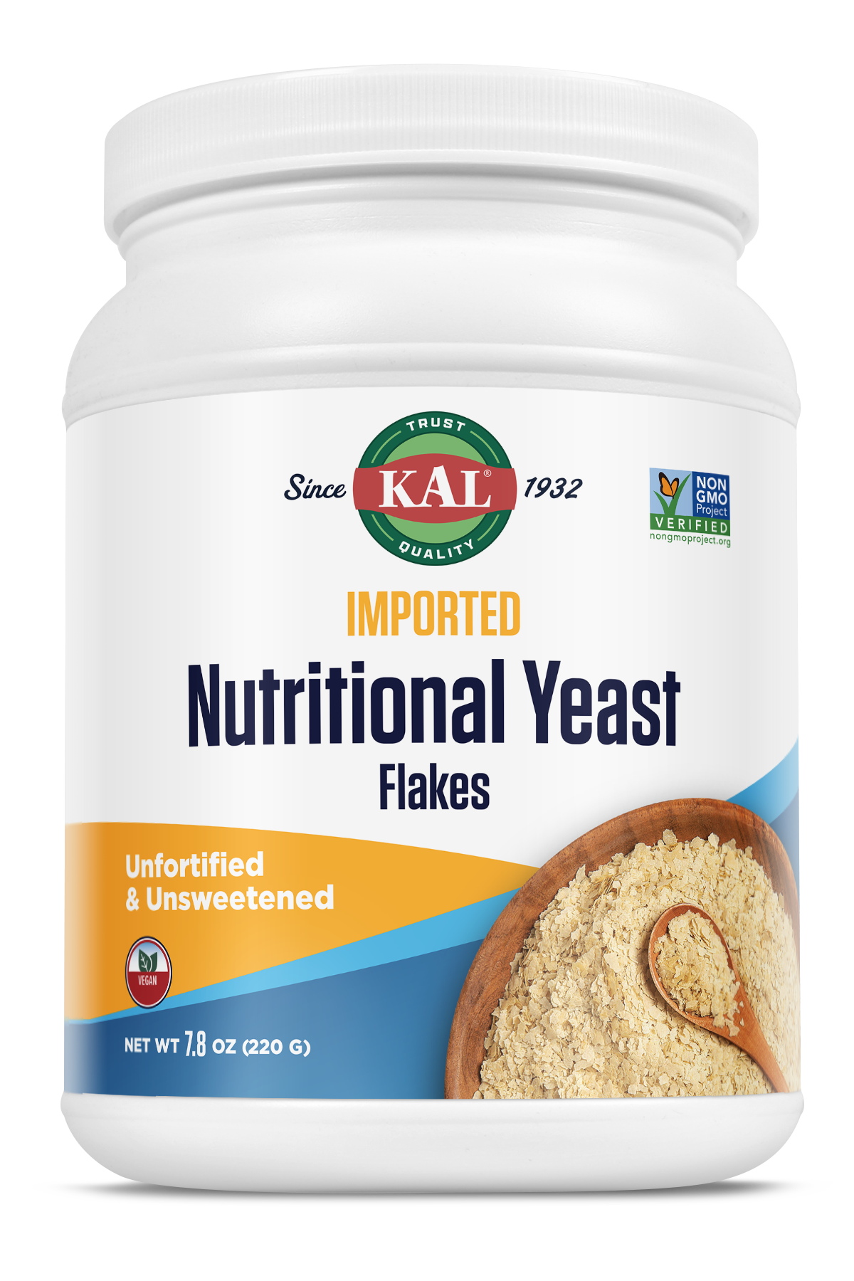 A white container of kalvitamins Nutritional Yeast Fine Flakes, unfortified and unsweetened, rich in plant protein, with flakes and a wooden spoon on the front. Net weight: 7.8 oz (220 g).