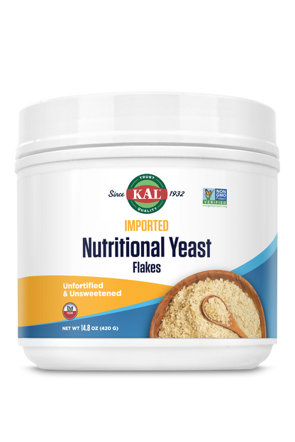 A white plastic container of kalvitamins Nutritional Yeast Fine Flakes, 14.8 oz, with a yellow and blue label showing yeast flakes—packed with plant-based protein, featuring “Unfortified & Unsweetened” and “Non-GMO Project Verified” icons.