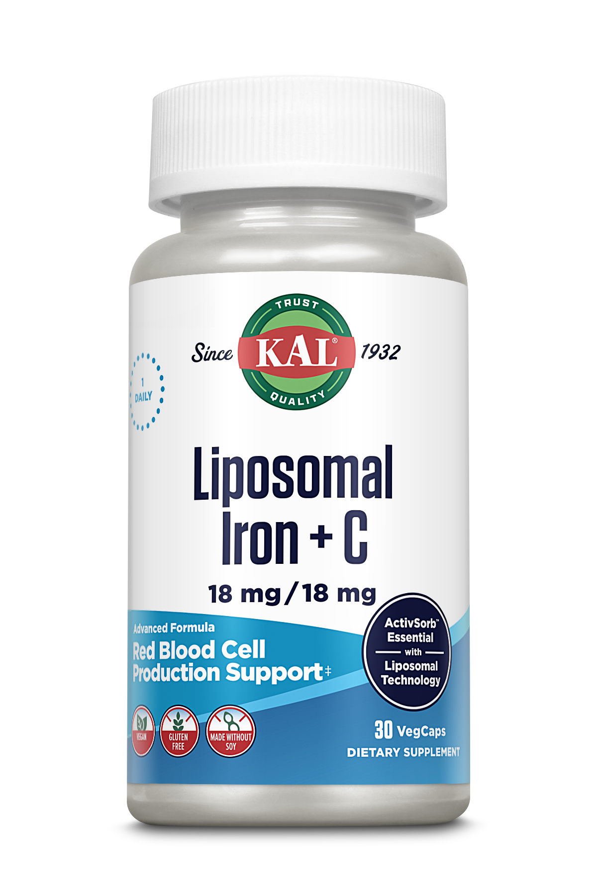 A white kalvitamins Liposomal Iron + C bottle with 30 veggie capsules, each providing 18 mg iron and 18 mg vitamin C for red blood cell support. Features vegan formula and ActivSorb Liposomal Technology.