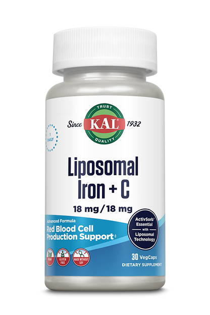 A white kalvitamins Liposomal Iron + C bottle with 30 veggie capsules, each providing 18 mg iron and 18 mg vitamin C for red blood cell support. Features vegan formula and ActivSorb Liposomal Technology.