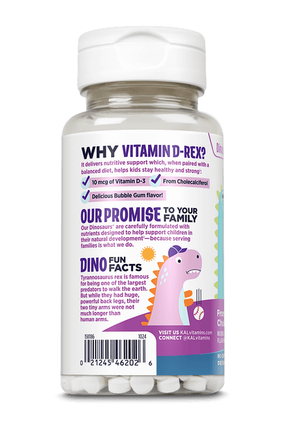 Kal Vitamins’ Vitamin D-Rex™ Kids Chewable features a cartoon dinosaur, Bubble Gum flavor, 10 mcg Vitamin D3, fun dino facts, and is carefully formulated for children’s health.