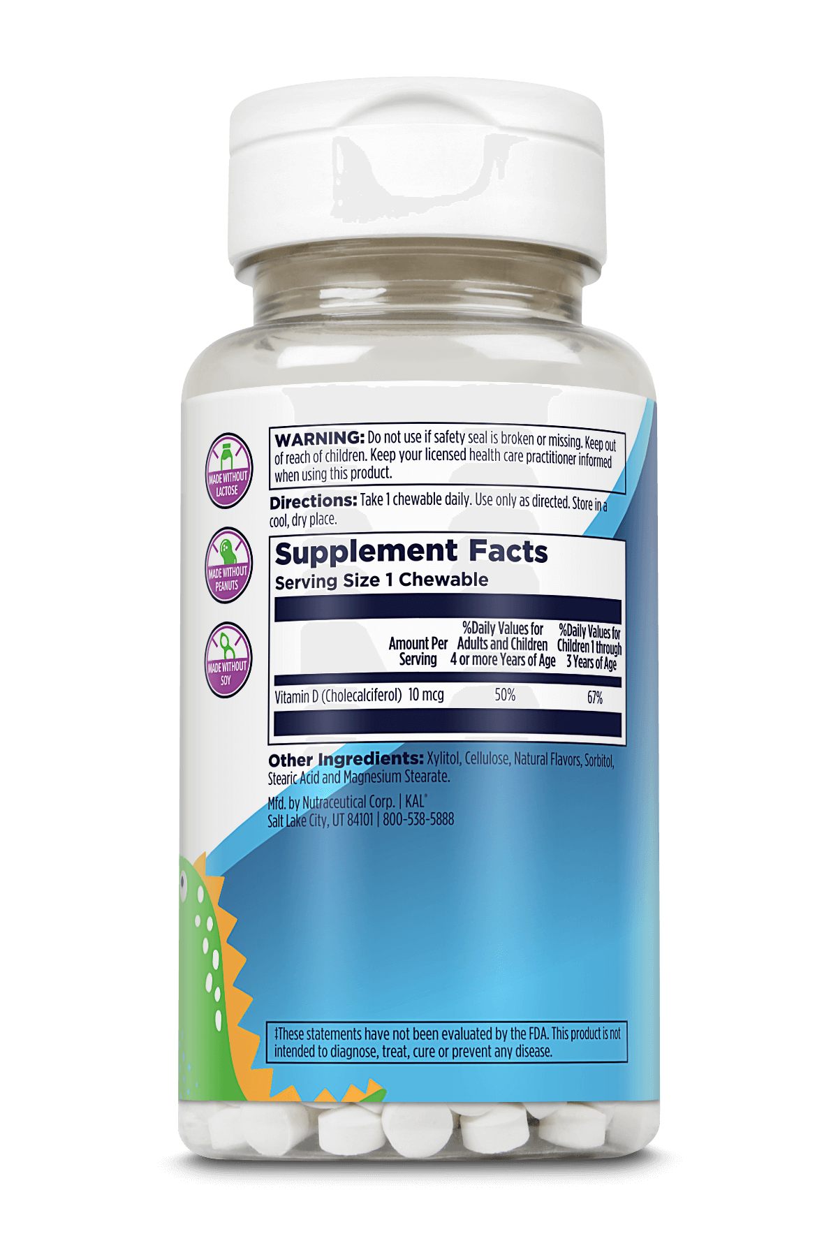 A mostly white and blue bottle of Kal Vitamins' Vitamin D-Rex™ Kids Chewable shows supplement facts, ingredients, directions, and warnings. Each serving is one chewable tablet with 10 mcg (400 IU) of Vitamin D.