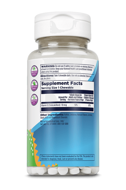 A mostly white and blue bottle of Kal Vitamins' Vitamin D-Rex™ Kids Chewable shows supplement facts, ingredients, directions, and warnings. Each serving is one chewable tablet with 10 mcg (400 IU) of Vitamin D.