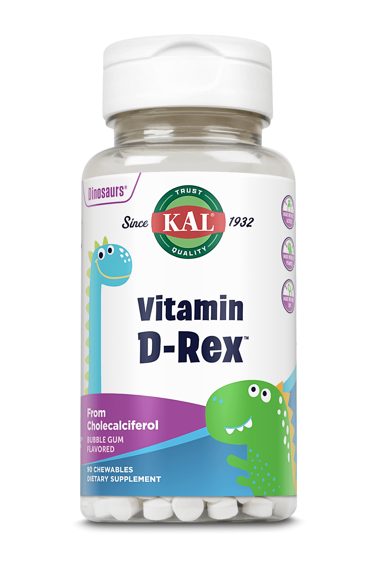 A bottle of Kal Vitamins Vitamin D-Rex™ Kids Chewable, featuring colorful cartoon dinosaurs, contains 90 bubble gum flavored chewables with cholecalciferol as the key ingredient.