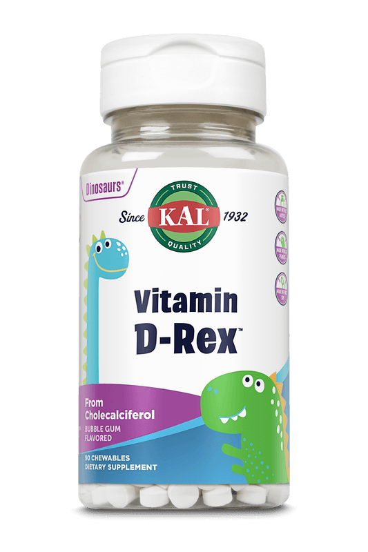 A bottle of Kal Vitamins Vitamin D-Rex™ Kids Chewable, featuring colorful cartoon dinosaurs, contains 90 bubble gum flavored chewables with cholecalciferol as the key ingredient.