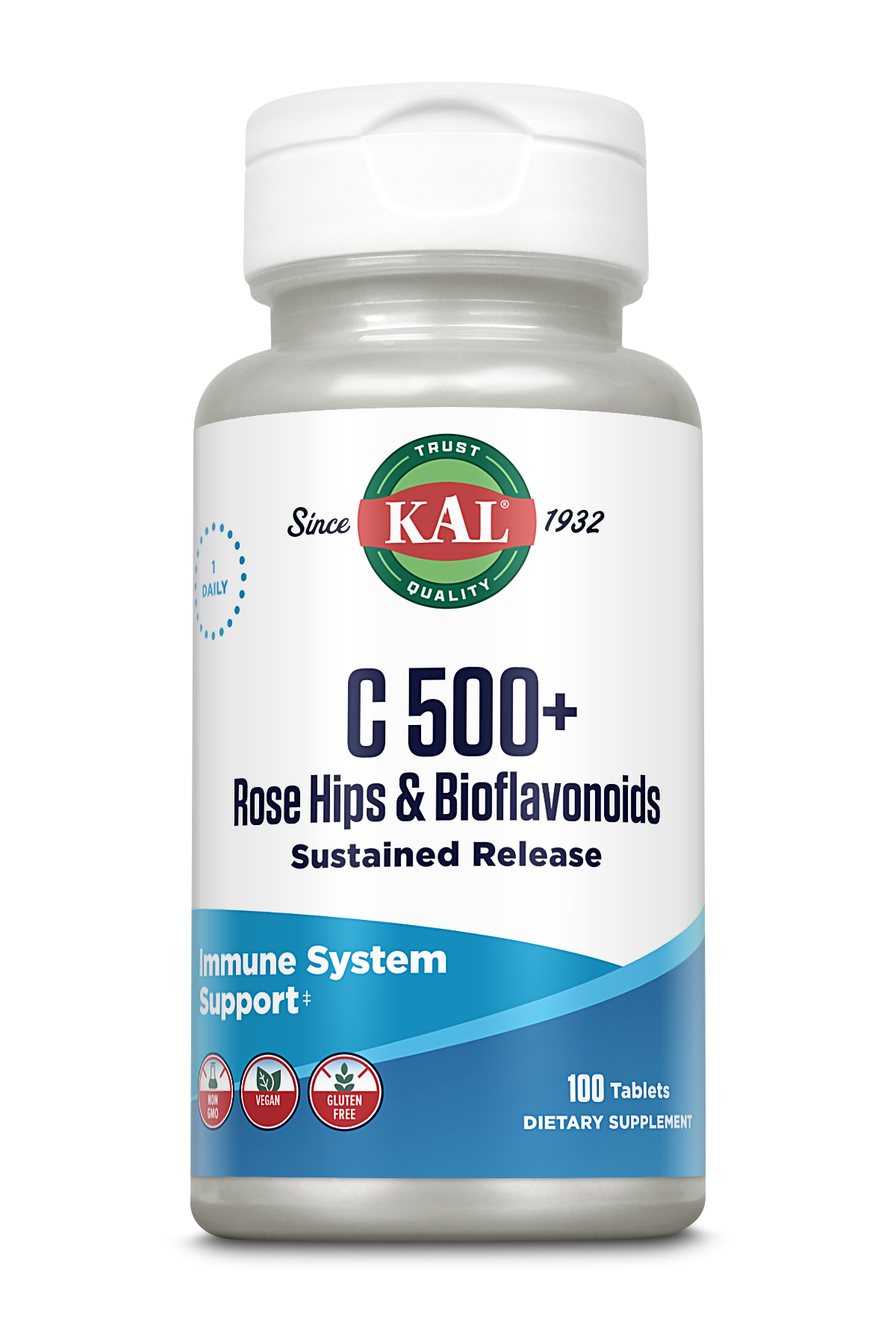 A bottle of kalvitamins C 500 + Rose Hips & Bioflavonoids Sustained Release Tablets contains 100 vegan, gluten-free, lab-verified tablets with Vitamin C for immune support.