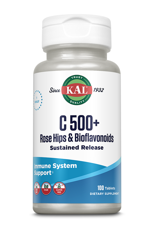 A bottle of kalvitamins C 500 + Rose Hips & Bioflavonoids Sustained Release Tablets contains 100 vegan, gluten-free, lab-verified tablets with Vitamin C for immune support.