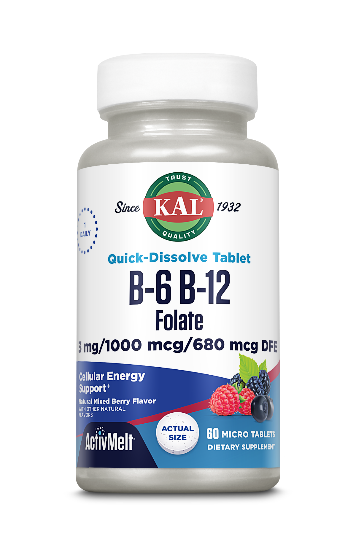 A bottle of kalvitamins B-6 B-12 Folic Acid ActivMelt with 60 micro tablets in mixed berry flavor, featuring supplement facts on the label. Provides Vitamin B complex for energy and nerve function support.