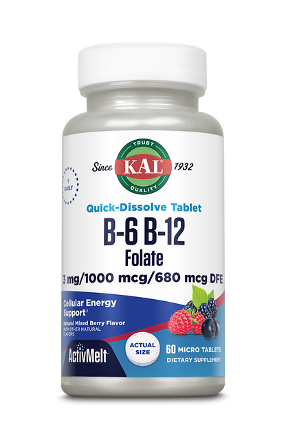 A bottle of kalvitamins B-6 B-12 Folic Acid ActivMelt with 60 micro tablets in mixed berry flavor, featuring supplement facts on the label. Provides Vitamin B complex for energy and nerve function support.