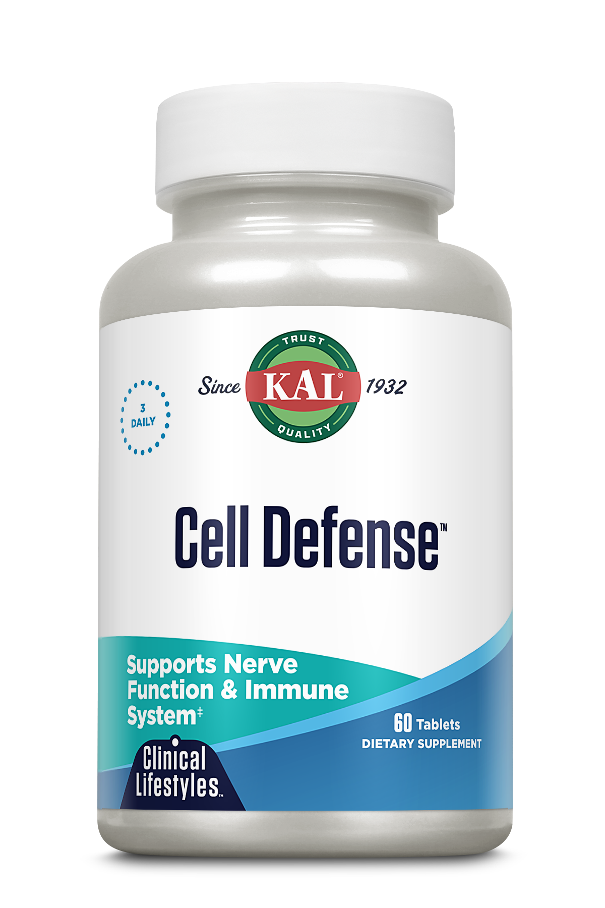 A white bottle of kalvitamins Cell Defense™ Clinical Lifestyles™ Tablets, formulated for antioxidant support, nerve function, and immune health. Contains 60 tablets for daily use.
