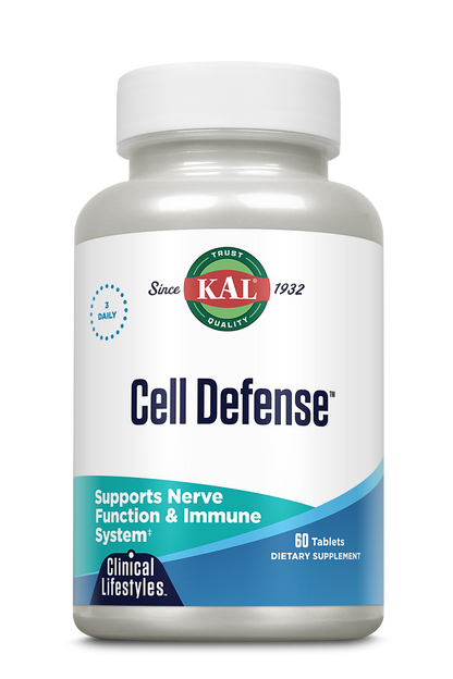 A white bottle of kalvitamins Cell Defense™ Clinical Lifestyles™ Tablets, formulated for antioxidant support, nerve function, and immune health. Contains 60 tablets for daily use.