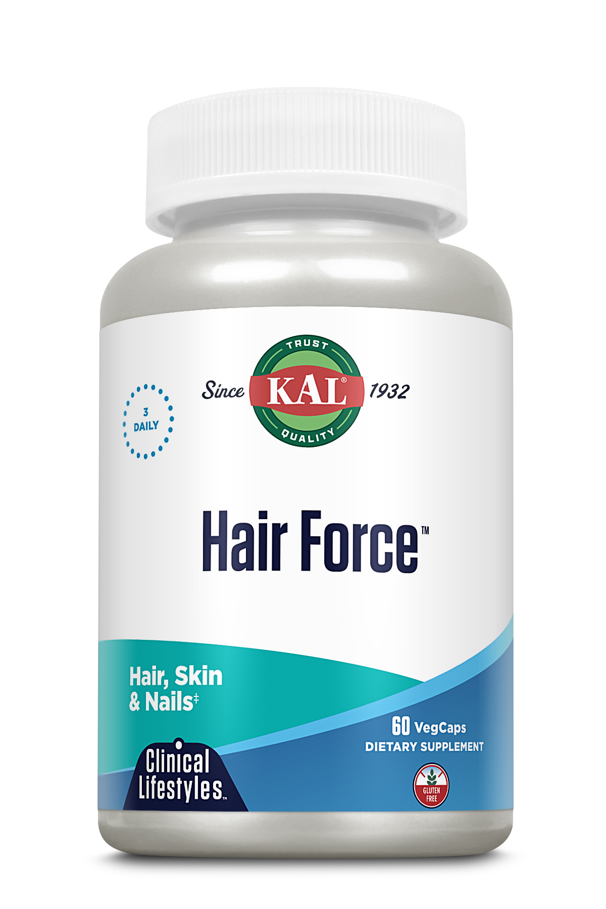 A white bottle of kalvitamins Hair Force™ Clinical Lifestyles™ VegCaps dietary supplement for hair, skin, and nails with 60 capsules. The blue-teal label features biotin for healthy hair and a red kalvitamins logo at the top.