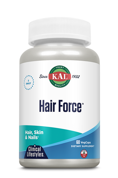 A white bottle of kalvitamins Hair Force™ Clinical Lifestyles™ VegCaps dietary supplement for hair, skin, and nails with 60 capsules. The blue-teal label features biotin for healthy hair and a red kalvitamins logo at the top.