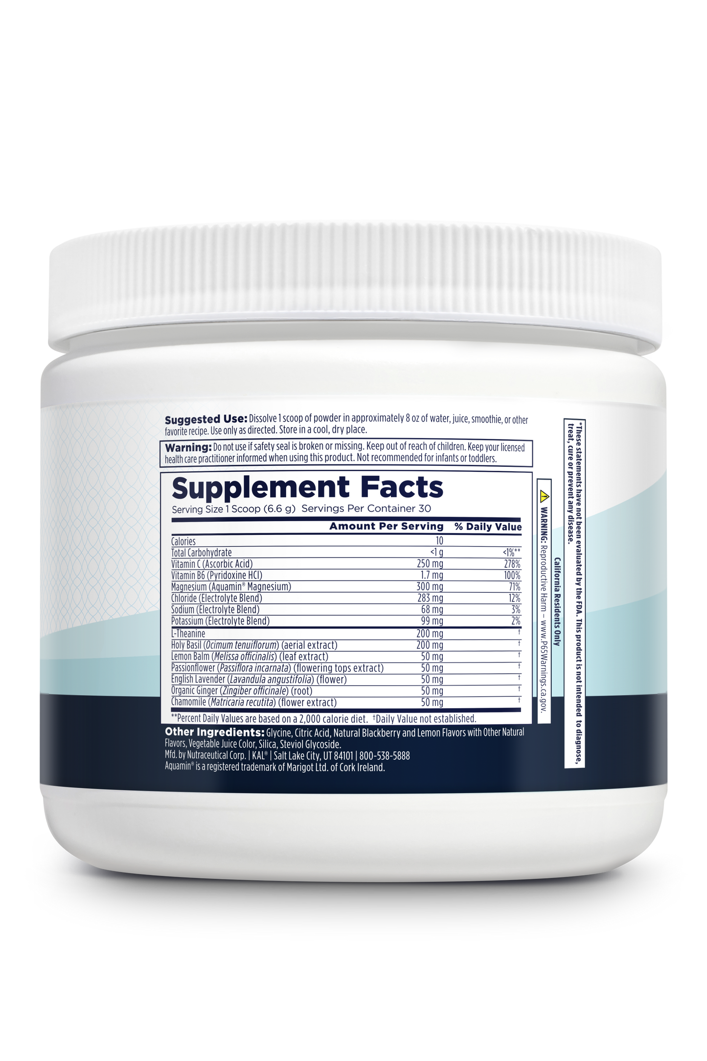 A white Mellow Mineral+ container from Kal Vitamins features a large Supplement Facts label in black text, detailing ingredients, nutrition info for adrenal support, suggested use, warnings, and other ingredients.