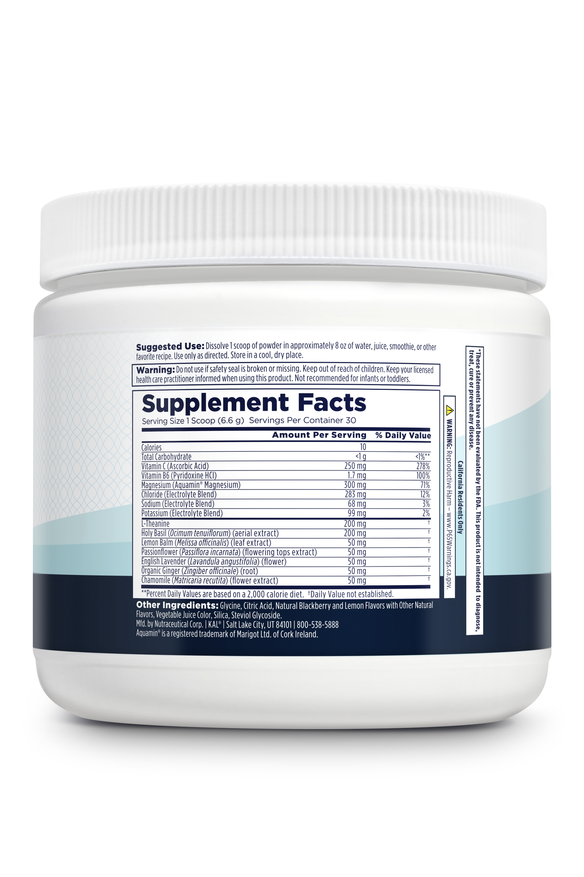 A white Mellow Mineral+ container from Kal Vitamins features a large Supplement Facts label in black text, detailing ingredients, nutrition info for adrenal support, suggested use, warnings, and other ingredients.